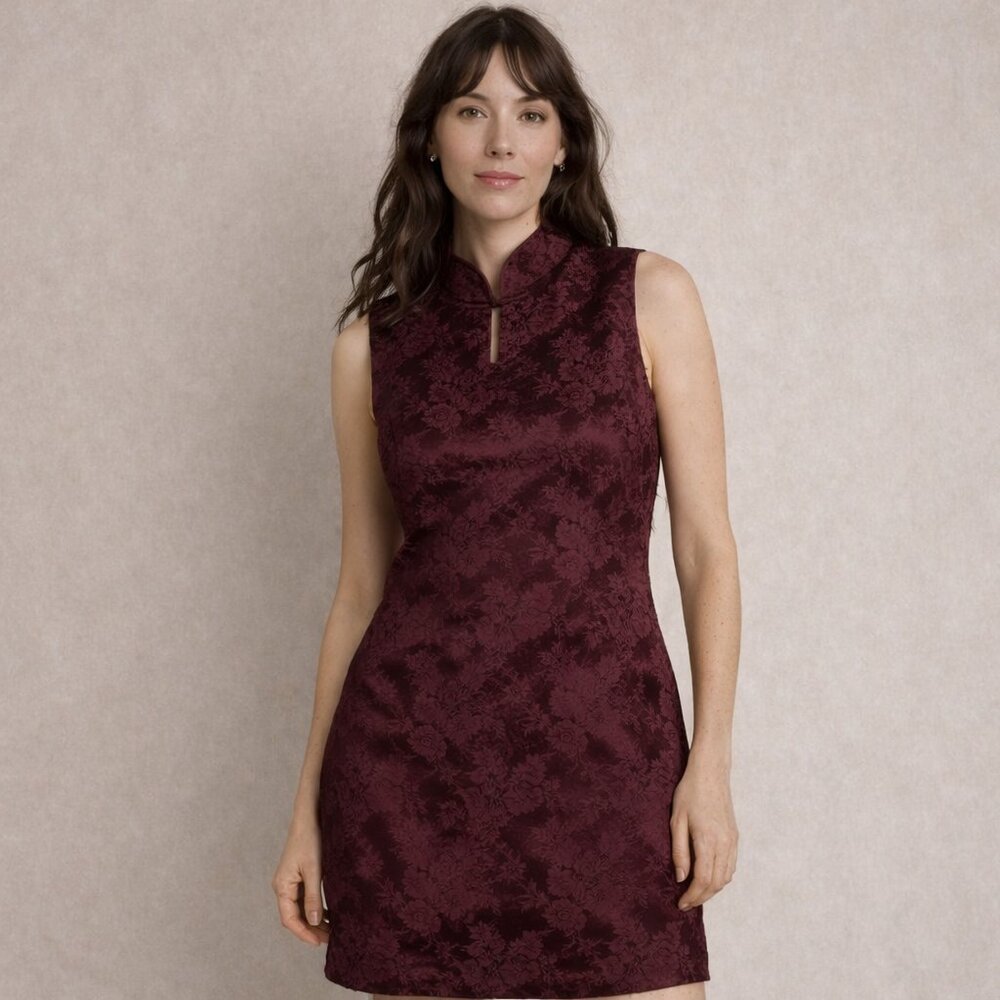 Vintage Brocade Mini Dress Womens 7 Burgundy Floral Mandarin Collar USA Made‎